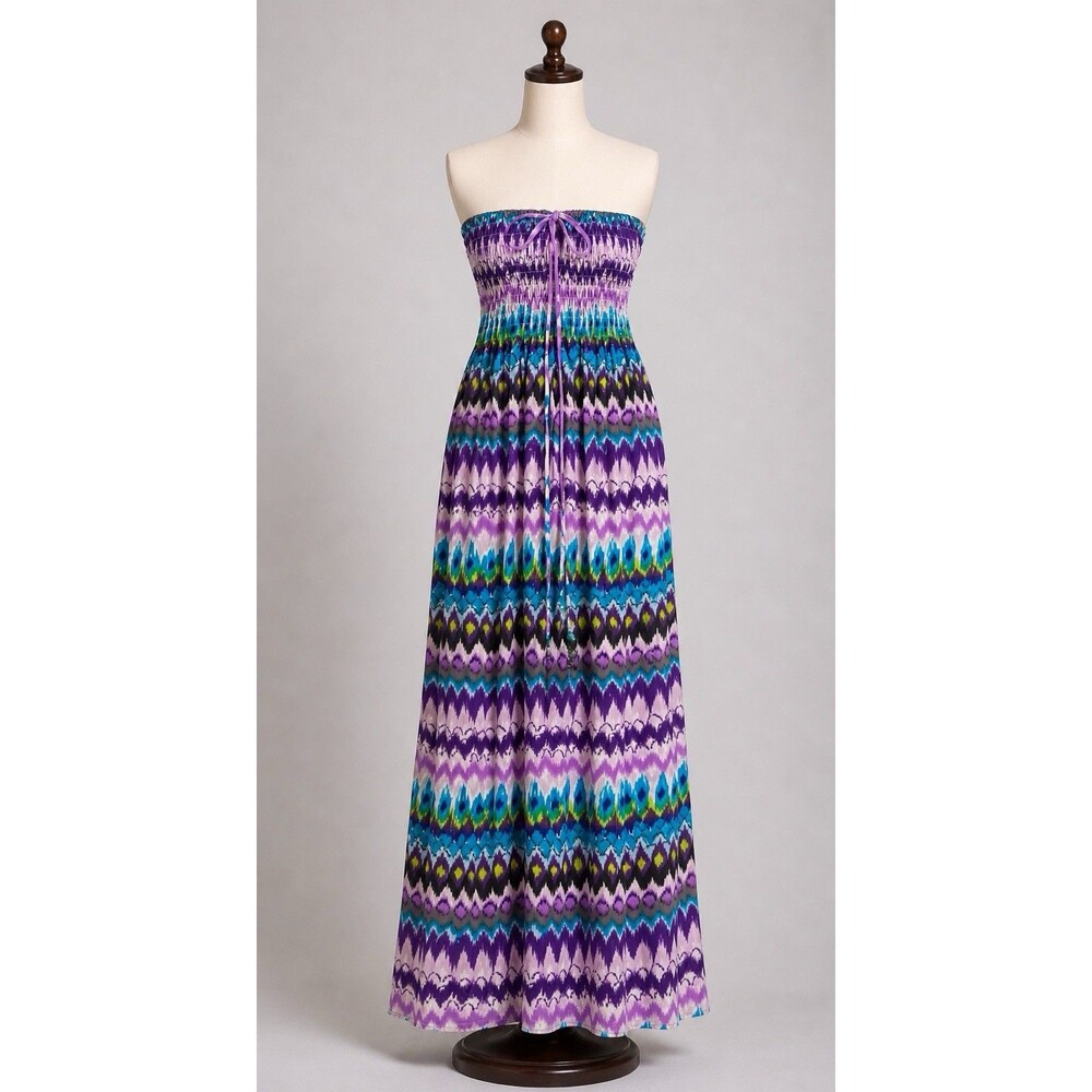 Isla Bonita Beach Maxi Dress OS Smocked Halter Abstract Beaded Tie Stretch